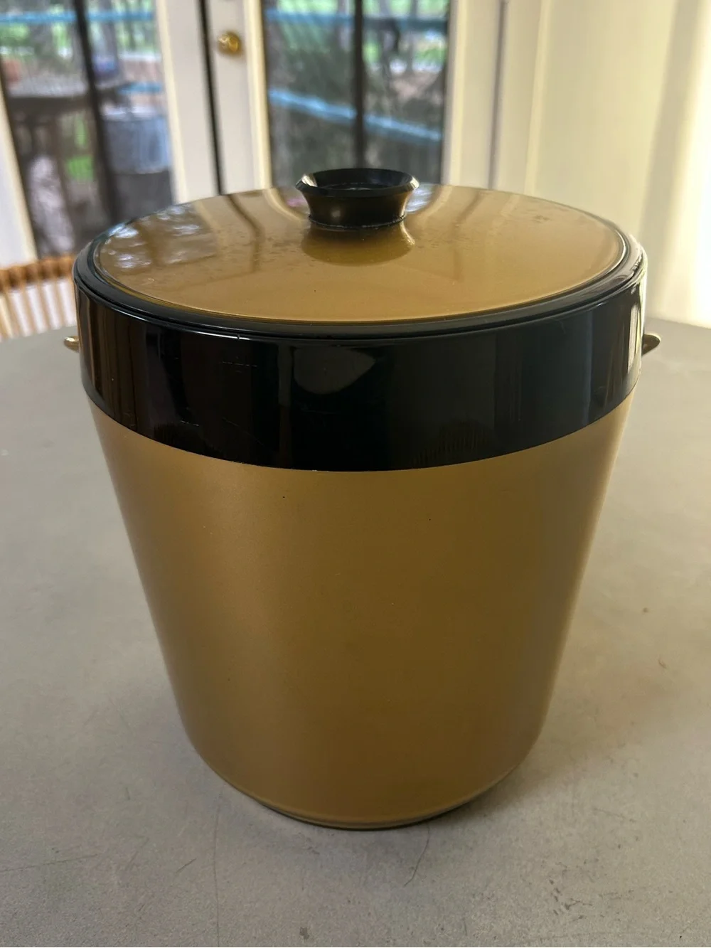 Vintage MCM Gold Black Ice Bucket Brass Handle Mid Century Modern Barware Retro